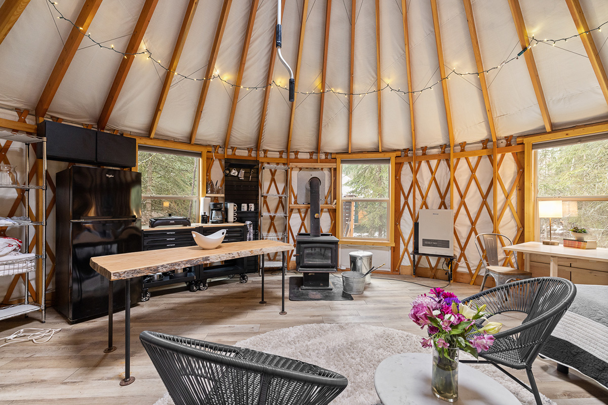 The other half of the same yurt: a kitchenette with a fridge, a live-edge timber counter and a coffee maker, a black wood-burning stove at the centre, and windows onto the pines on three sides.