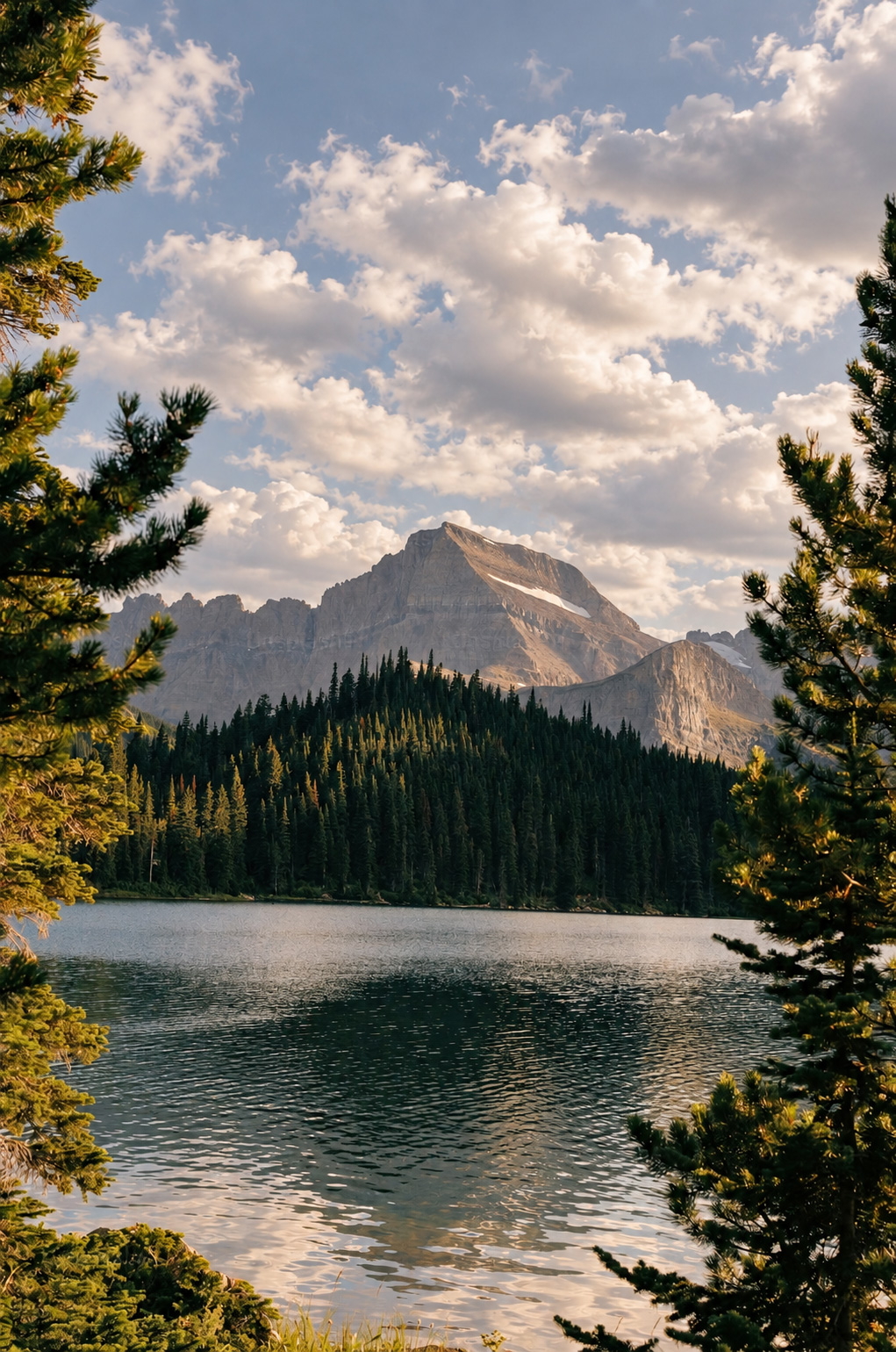 A lake in Glacier National Park seen through a gap in the pines, dark forest along the far shore and a broad grey peak catching low sun above it.