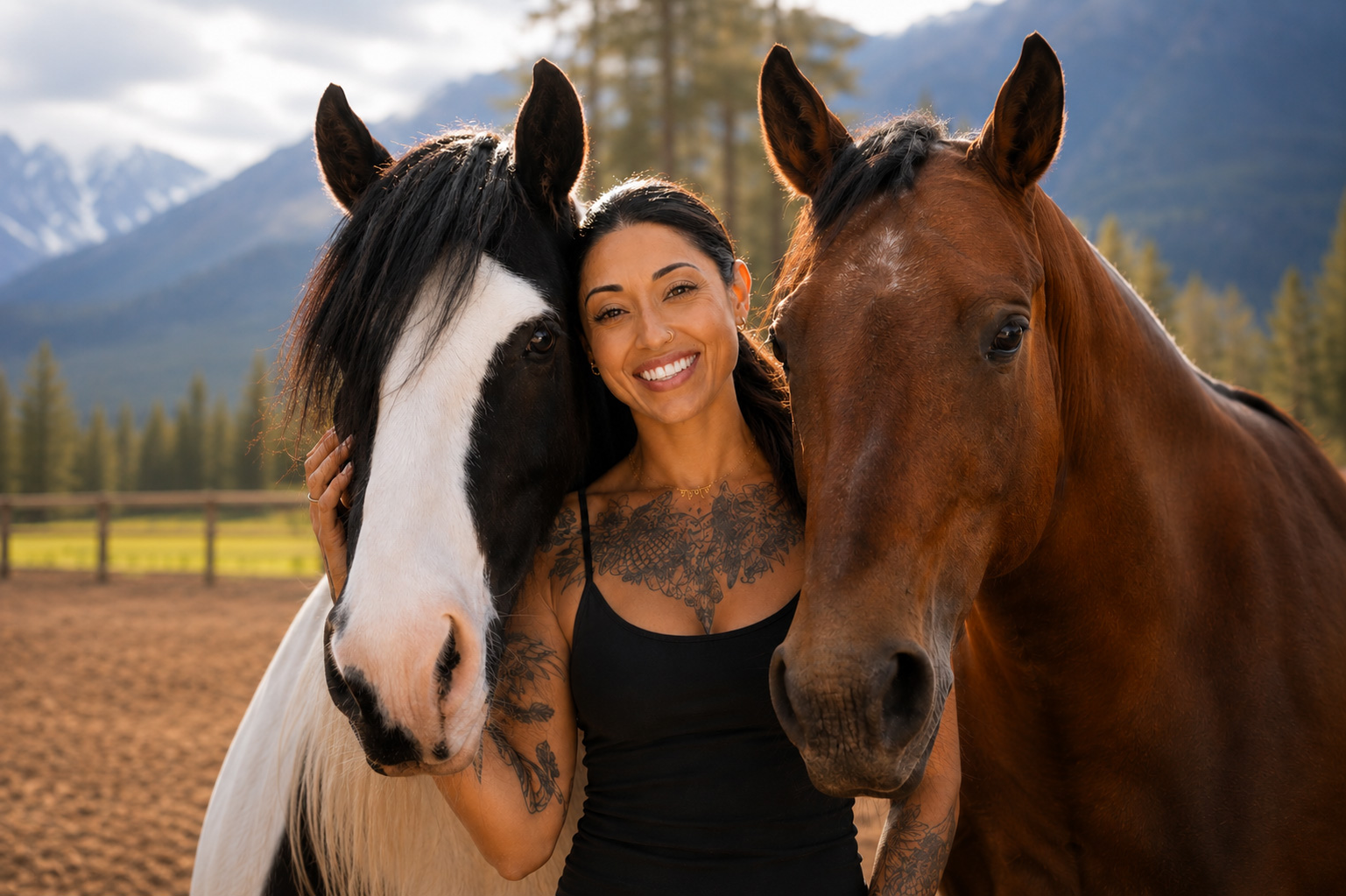 Ruby Fremon standing in a paddock with two horses at her shoulder, all three looking out towards the camera.