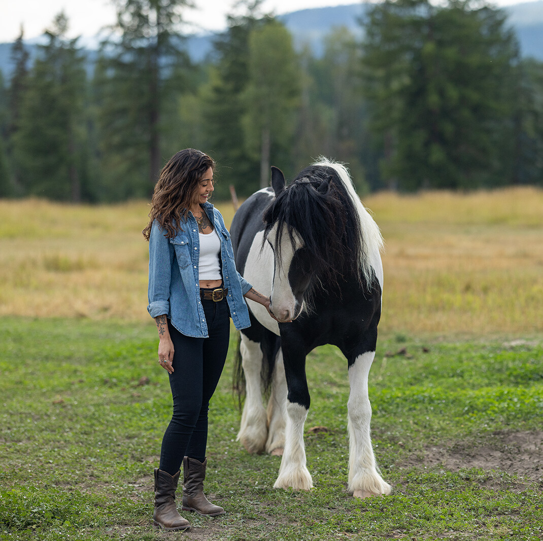 Ruby Fremon in a denim shirt standing in a mountain paddock, her hand raised to the muzzle of a black-and-white draft horse lowering its head toward her, pine forest and a far ridge behind them.